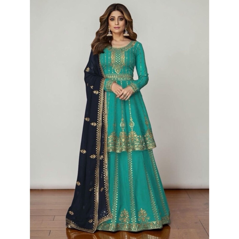 Teal & Navy Embroidered Short Sleeve Pakistani Suit Set with Dupatta – NWT